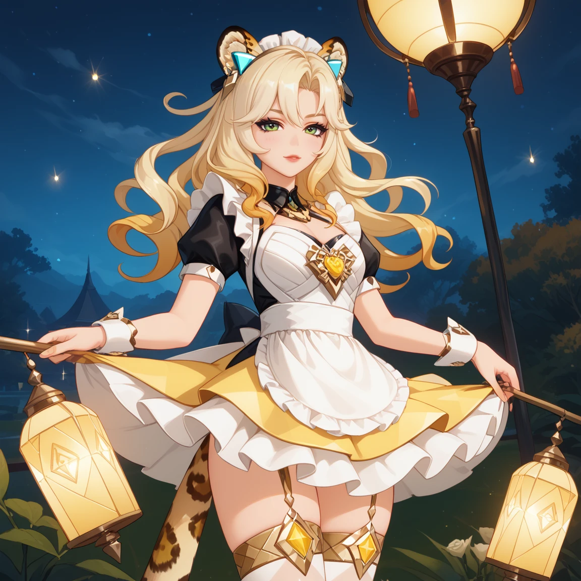 1girl, dress, jewelry, blonde hair, flowing hair, long hair, solo, white roses, jaguar ears, jaguar tail, firefly, long flowing hair, floating hair, ornament hair, Looking at the viewer, flowing hair, magical girl, Beautiful Eyes, maid, maid dress, maid headdress, white headdress, maid apron, white apron, dress with too many frills, white dress, yellow laces, white Short skirt, skirt with layers, small skirt, skirt with layers, Drape clothes, yellow gem, Lace trim, lux garden, luxury gold details, gold jewelry, more details, best quality, blushing, Striped Lace Stockings, short skirt, sparkle, solo, centered girl, cowboy shot, glowing hair, white roses, magical girl, sparkles, more details on her clothes, dress with transparency, golden details on her dress, night, oriental lanterns