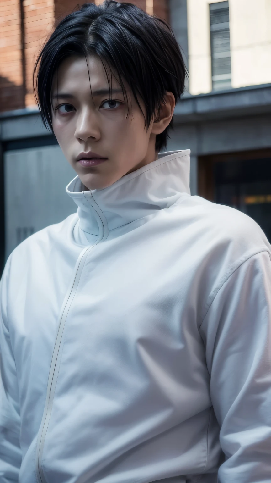 1man, yuta okkotsu in anime jujutsu kaisen, short hair , black hair, black eyes, beautiful eyes, handsome, white clothes, realistic clothes, detail clothes, city background, ultra detail, realistic, serious face