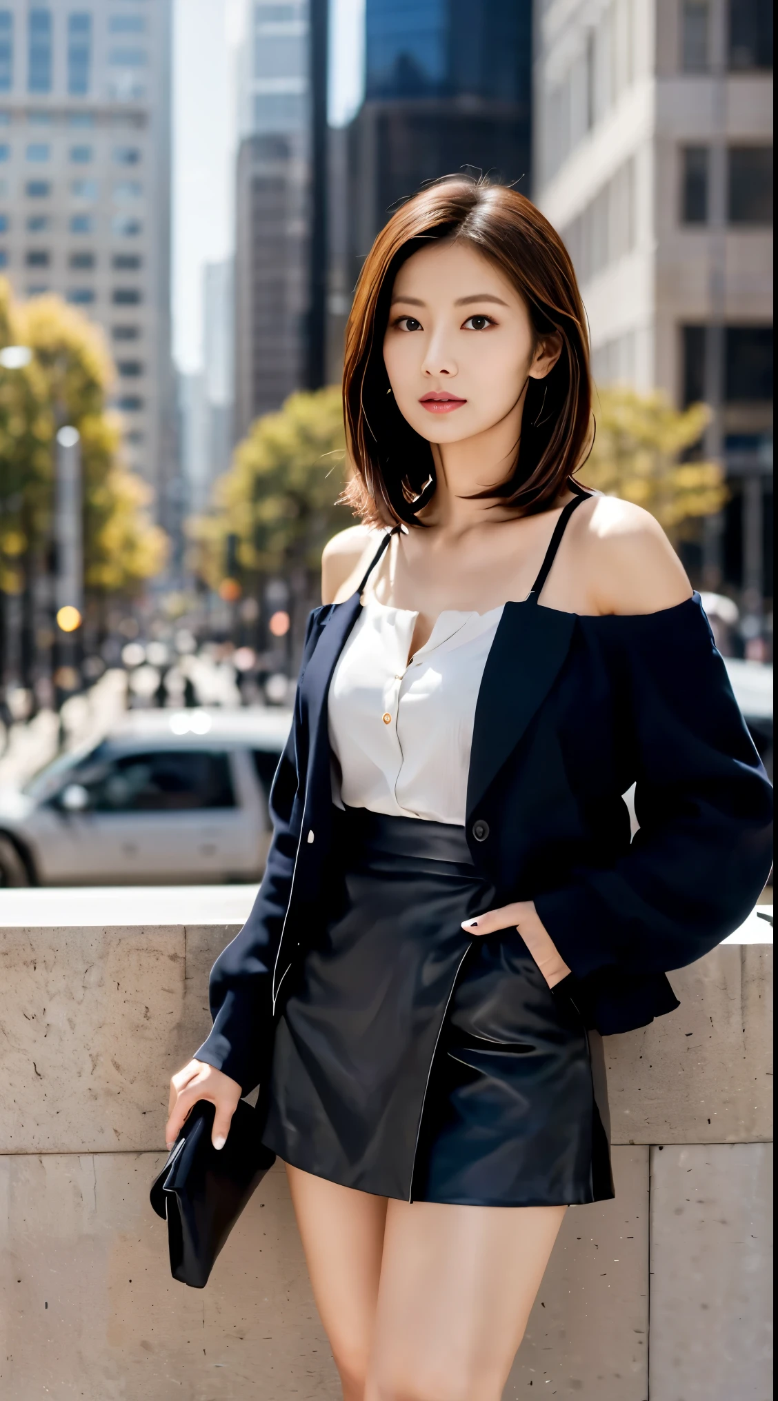 One Mature Woman , black_ skirt, Building, city, cityscape, hair_between_eye, jacket, Watching_in_audience, Moderate_hair, multi color _hair, knight , off_shoulder, Outdoor, plained_ skirt, road, shirt, skirt, Skyscraper, one person in_ concentrate, street, white_ shirt