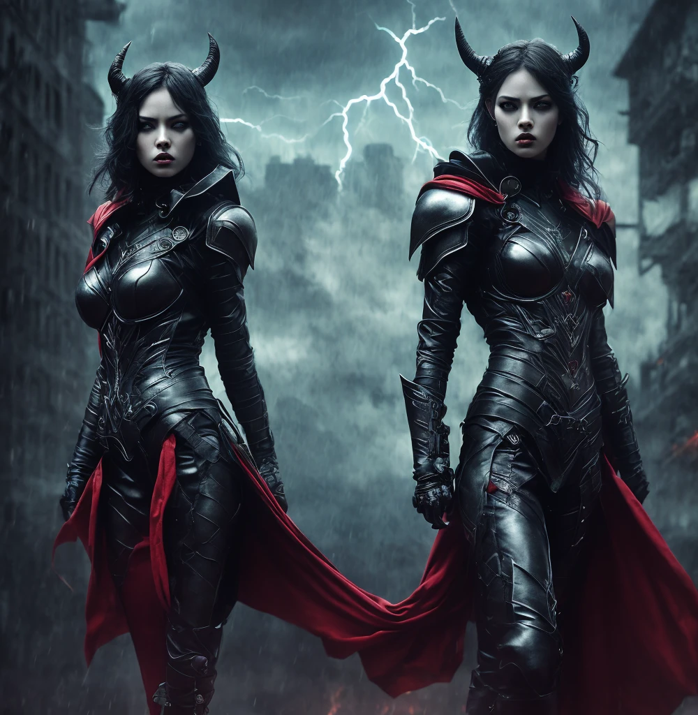 two sexy, female demons, Sentinels at the Gates of Hell, red eyes,scarlet capes,perfect hands holding swords,photo realistic, cinematic