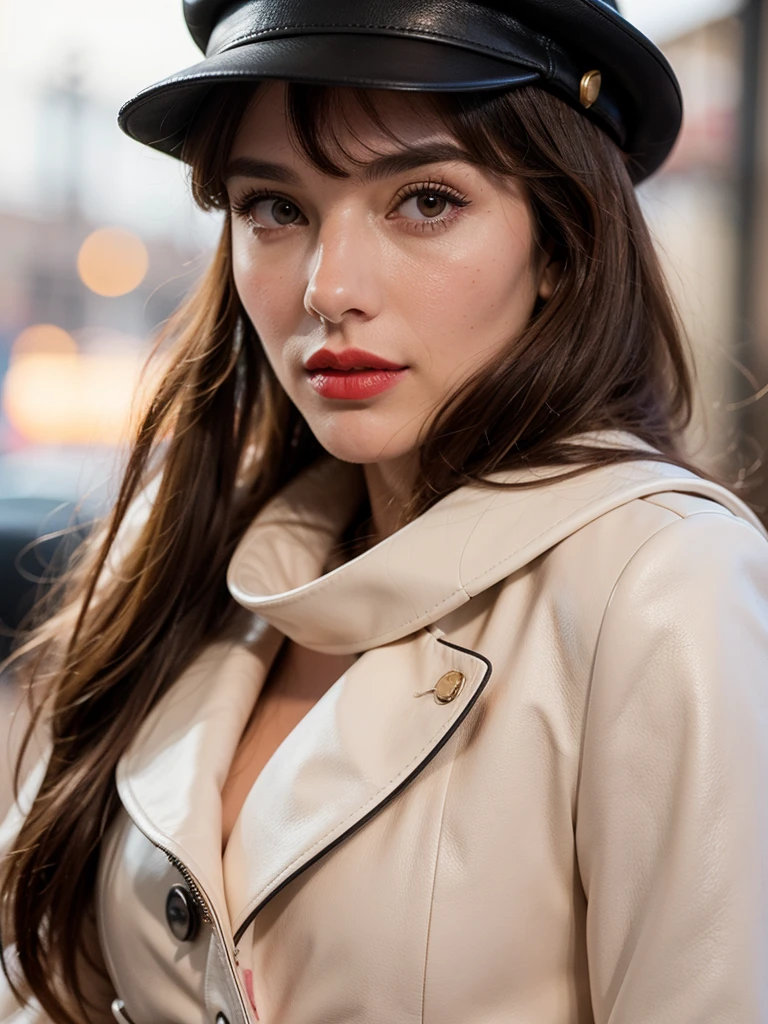 A half-body portrait of a gorgeous, stunning, long brown-haired Argentinian woman, straight hair with bangs, fair porcelain skin, elegant make-up with scarlet red lipstick, long black leather coat with buttons, white-pink sweater, black trousers, scarf, boots, black leathe newsboy cap, classic leather backpack, charming countenance, posing for camera, high resolution photograph, UHD, golden ratio, ultra fine details.
