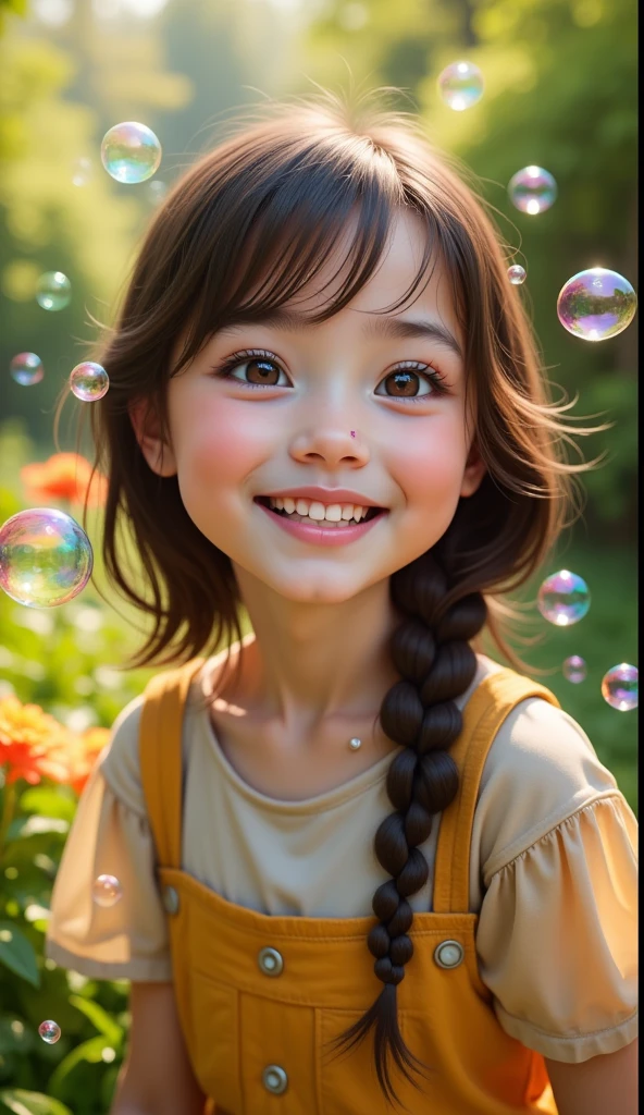  Extremely Realistic、 realistic、Magical bubbles, Sparkling Bubbles ,  Colorful Bubbles,  cute girl, ((( get bubbles out of your nostrils:1.5, 魔法で get bubbles out of your nostrils, Nose lantern))),  one girl who is at ease, On the lawn in the garden, Put bubbles out with a smile 、