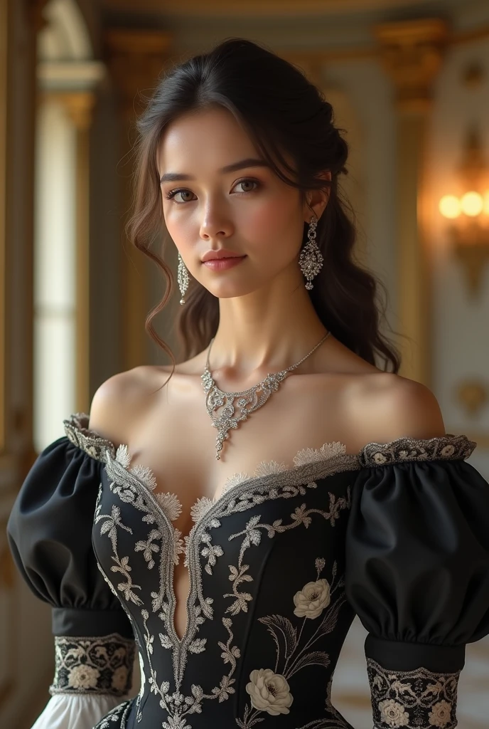 Prompt:
“A royal Victorian-inspired portrait featuring a young woman in an elegant gown. The dress is off-shoulder with puffy sleeves, intricate lace details, and floral embroidery in black and white. She is wearing delicate jewelry, including a sparkling necklace and drop earrings. Her hair is styled in a sophisticated half-updo, with soft waves cascading down. The background features a grand, softly lit room with ornate golden accents, creating a regal and timeless atmosphere. The lighting highlights her graceful expression and vintage charm.”
