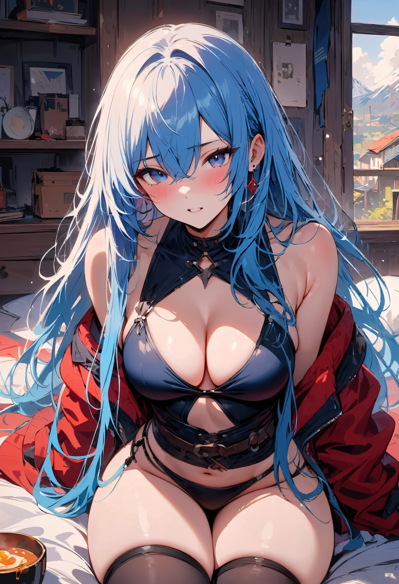 The best quality, high resolution, detailed 4k CG, masterpiece, amazing art, fine details, high details, complex details, blue long hair, girly feeling, big eyes, pure desire, lovely, young and beautiful，Beauty with pubic hair，Expose navel，Shy girl，Big chest，Untidy clothes