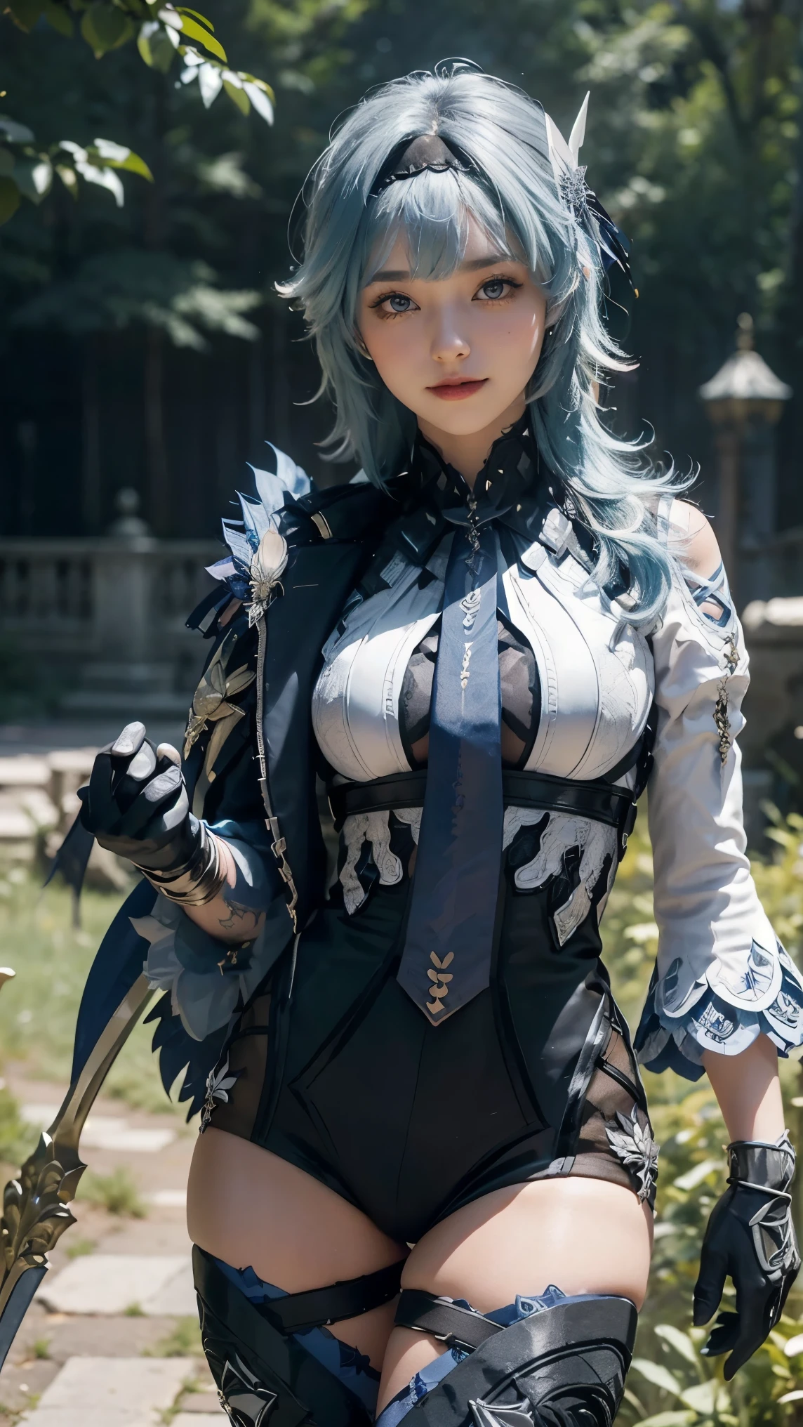 Eula Lawrence,(best qualityer,4K,8k,high resolution,work of art:1.2)(weather: sunset), Mondstadt forest background, forest road, freckles, blue cape, backless black leotard, white top, white sleeves, blue necktie, black gloves, blue stockings, thigh-high boots, snowflake embroidery, short curly hair, light blue hair, teal hair, ultra detailed,realisitic,portraite,beautiful detailed gray eyes, glowing eyes,blush,beautiful detailed lips,extremely detailed eye and face, long eyelashes,sexly,average, big breasts,beaming smile, excited smile,powerful girl, guard pose, stunning curves,bright coloured,dramatic lighting, wide hips, thick thighs, ready to attack, long sword,