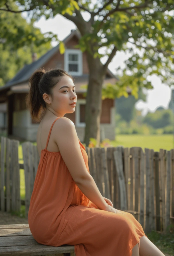 Beautiful indonesian girl, a bit curvy, messy tied hair, wearing knee-lenght sleeveless chiffon sleepdress, sitting on wooden bench in front of village house, under the bayan tree, look at the viewer, natural morning light, realistic photography, wide angle shot, detailed facial features, intricate clothing folds, soft lighting, warm color tone, photorealistic, cinematic composition, high quality, 8k, masterpiece