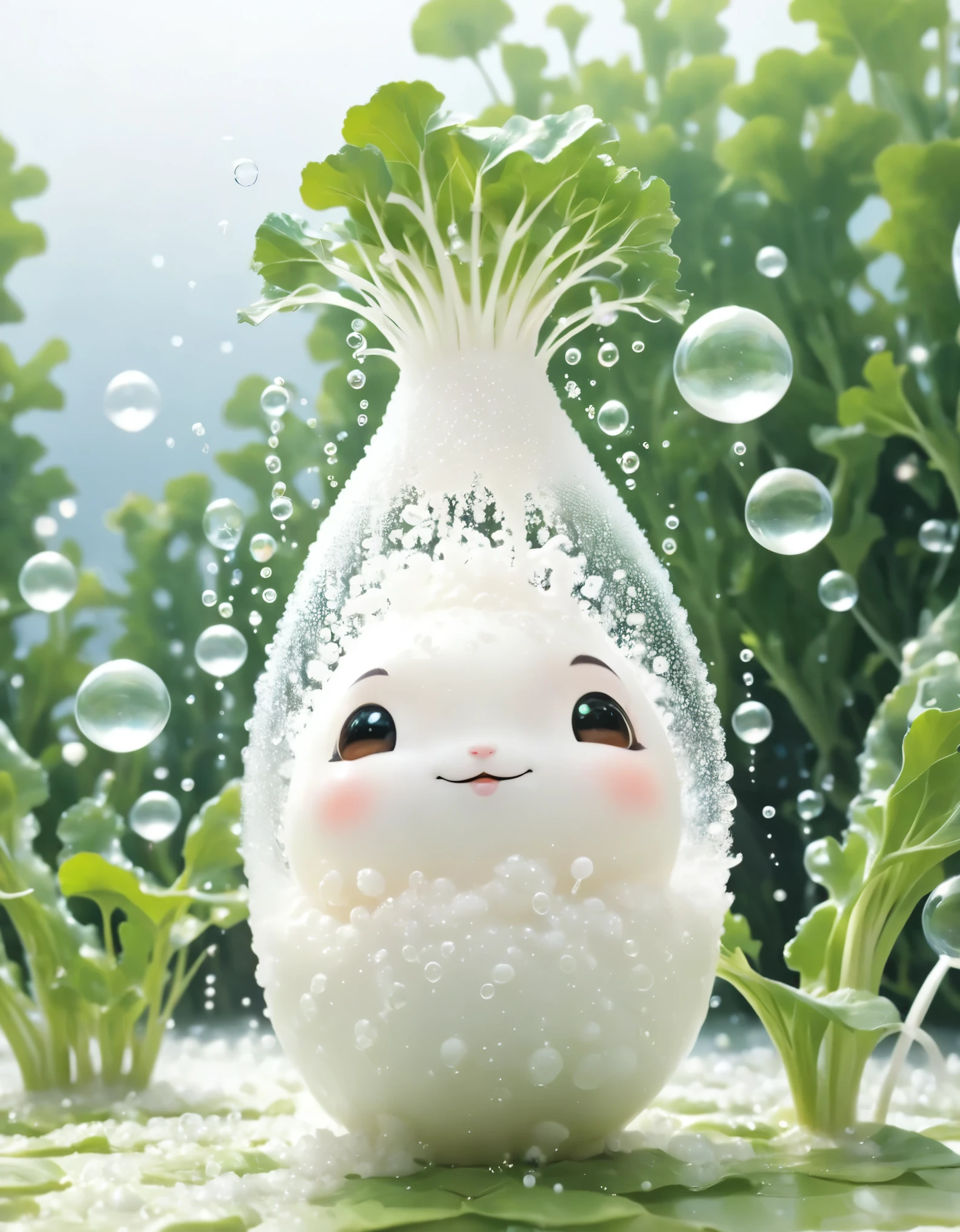 (Japanese white radish made of fine Magical Bubbles like shampoo.:1.3), White theme, fantasy world in the background.