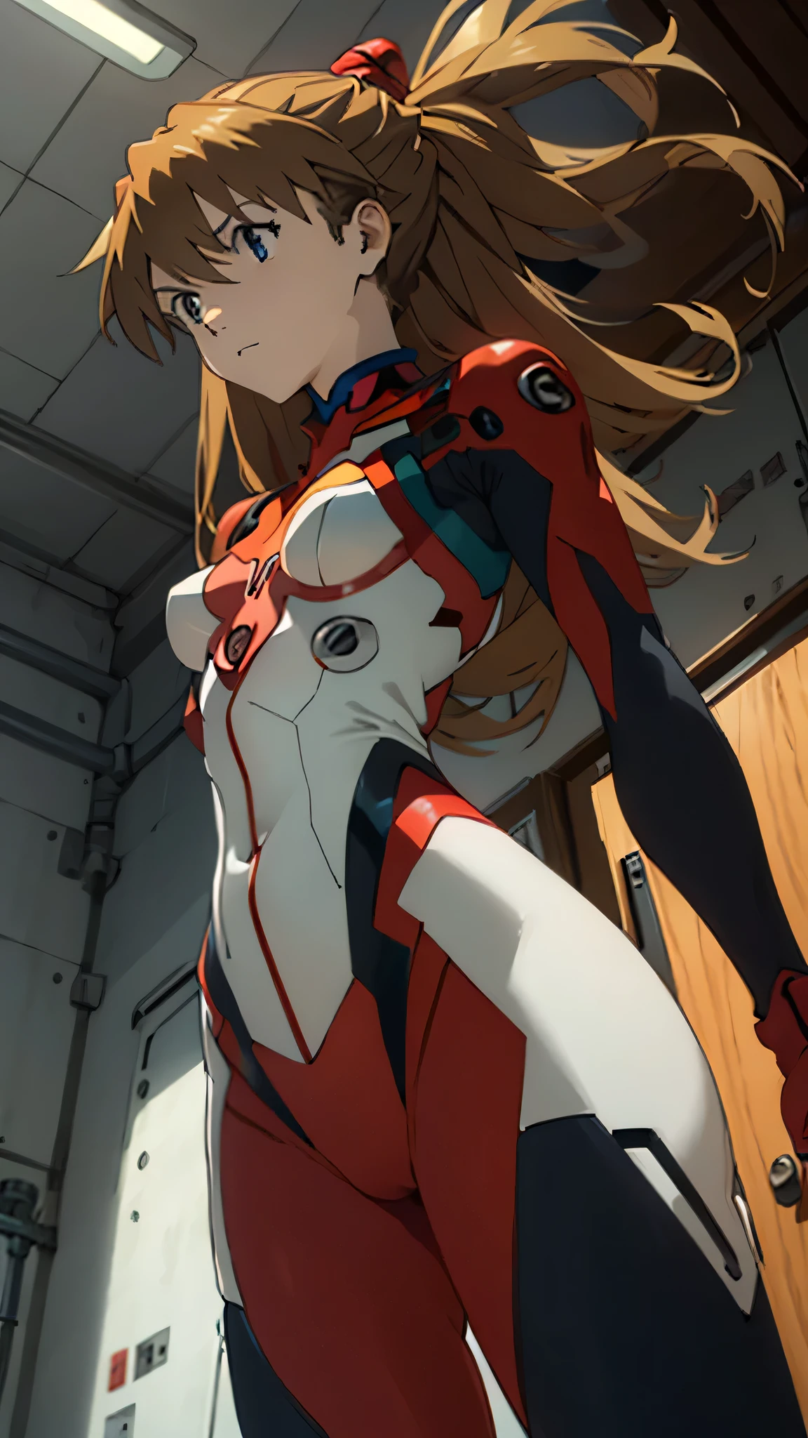 Asuka Langley, bodysuit, headgear , PLUG SUIT, red bodysuit, Open your crotch and feel ashamed,Photo from below, from behind, small breasts,Inside the cockpit, small breasts