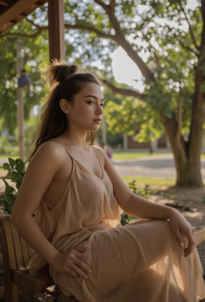 Beautiful indonesian girl, a bit curvy, messy tied hair, wearing knee-lenght sleeveless chiffon sleepdress, sitting on wooden bench in front of village house, under the bayan tree, look at the viewer, natural morning light, realistic photography, wide angle shot, detailed facial features, intricate clothing folds, soft lighting, warm color tone, photorealistic, cinematic composition, high quality, 8k, masterpiece