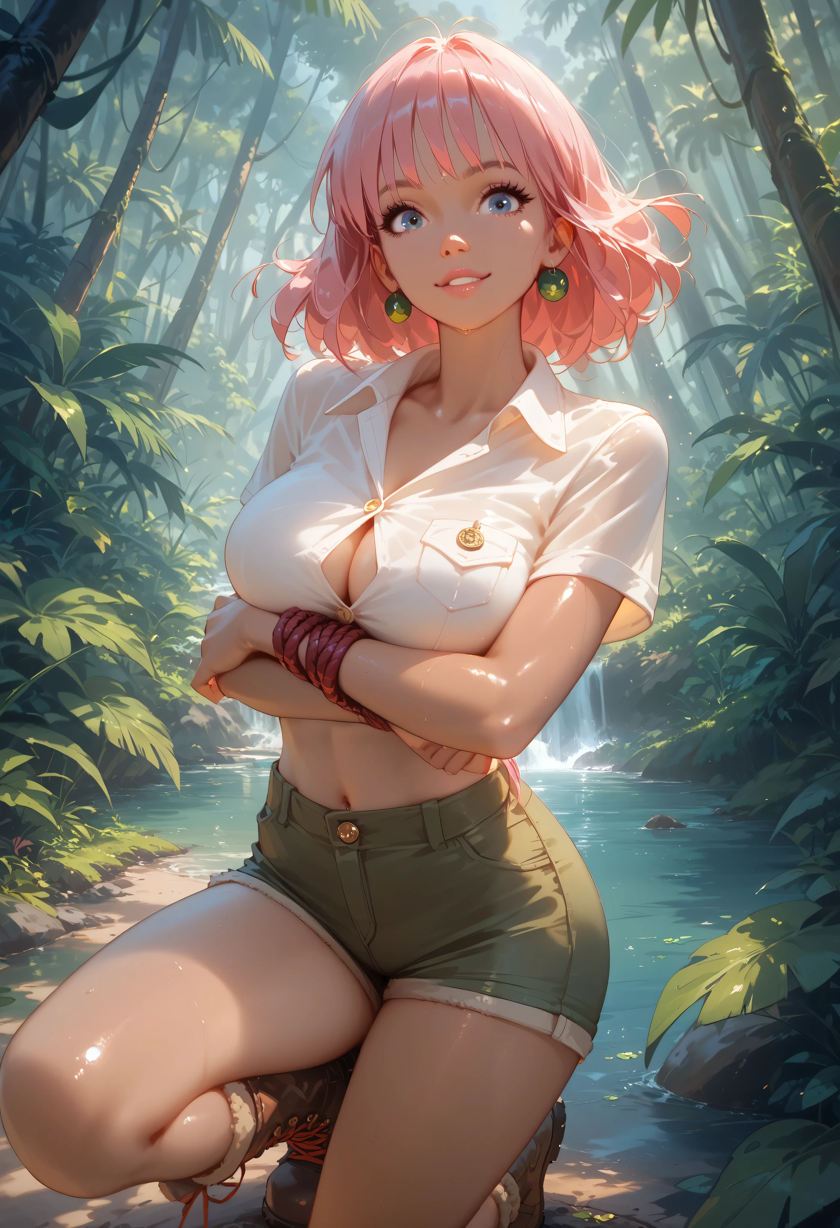 1 girl, bra as leaf and skirt as leaf, forest and waterfall background, massive gigantic sized boobs with big ass, curvy and perfect shaped beautiful body,beautiful dark skin girl, jungle girl, completely naked, hiding with two small leaves and wearing short sized hula skirt,wet hair and body, standing on a river, realistic clean water, realistic water drops, ultra realistic body, forest covering the sunlight,pink hair, taking shower in waterfall, realistic water drops, hiding her  and nipples , water drops on her body, only two leaves attached with her boobs,sexy poses,naked, green ultra realistic detailed eyes