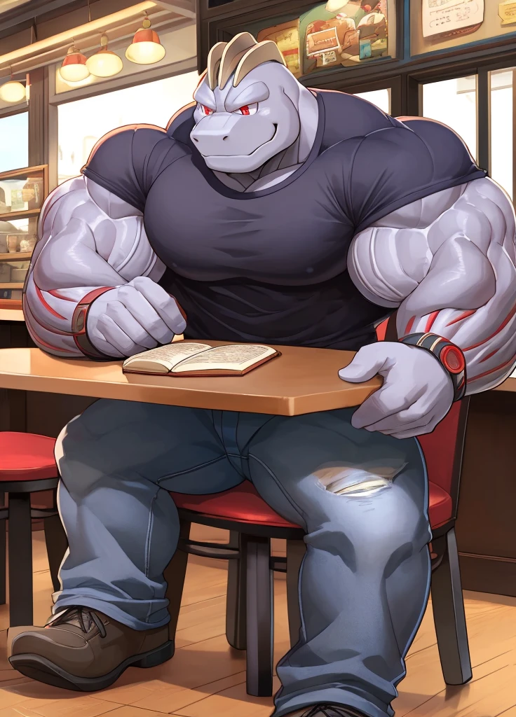 adult male, machoke, sitting in an couch with crossed legs, smirk,
