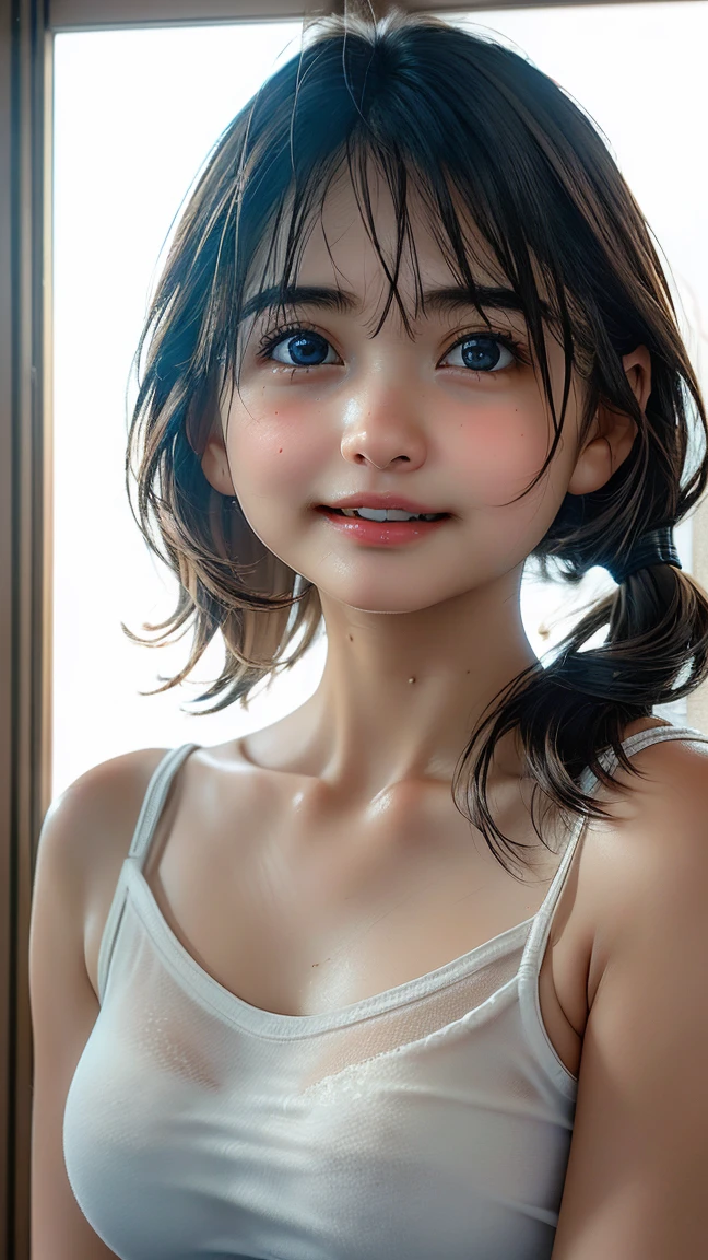 cute adorable naked girl, smiling, on beautiful bathroom, sweaty, hyper-realistic, detailed face, beautiful eyes, detailed lips, long eyelashes, gorgeous skin, amazing body, dynamic pose, natural lighting, golden hour, vibrant colors, masterpiece, high quality, 8k, ultra-detailed, photorealistic, wet, breats
