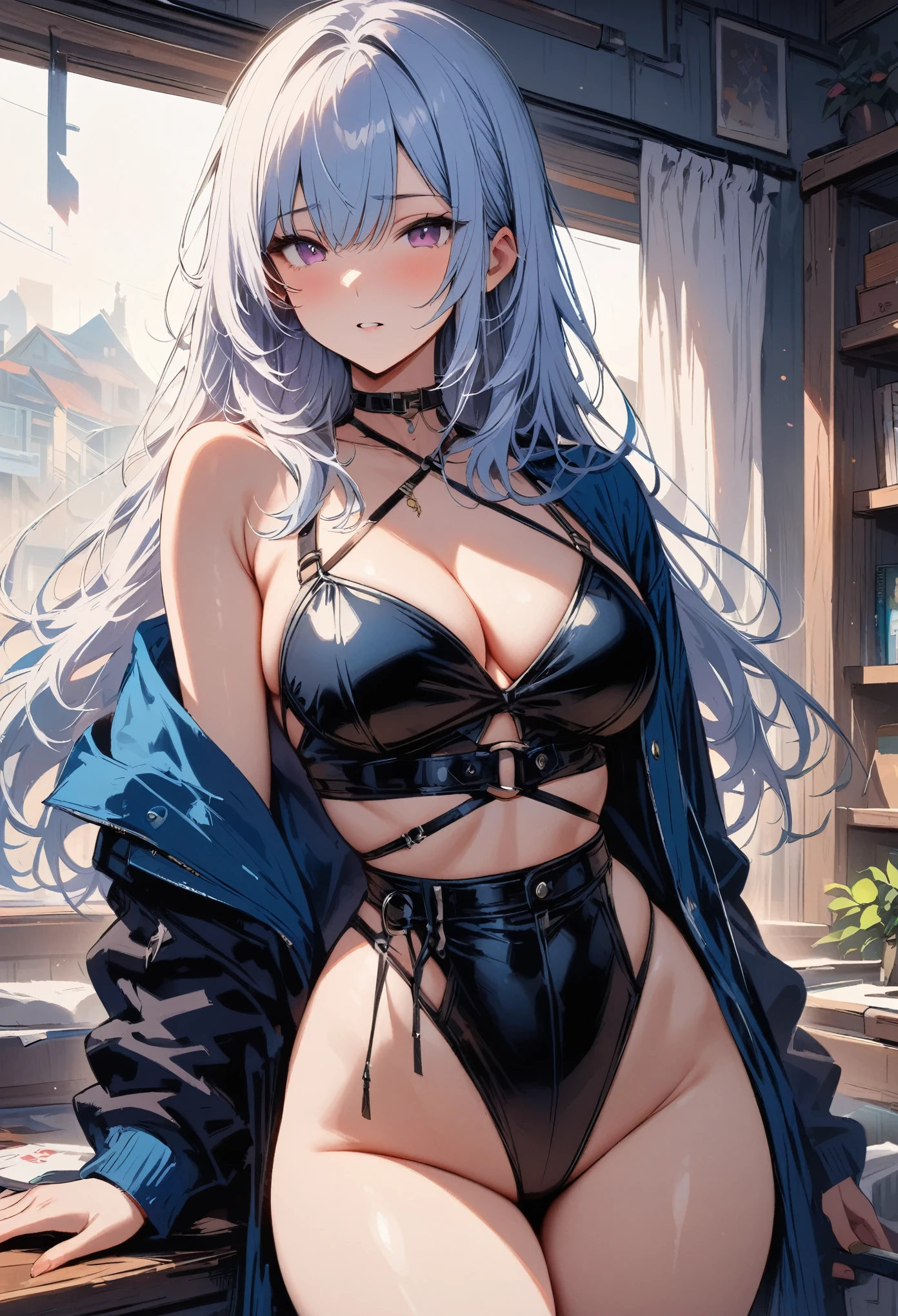 top-quality、Top image quality、​masterpiece、teens girl((White and blue open-chest hoodie、Black skirt、18year old、 Ager、Best Bust、big bast,Beautiful light blue eyes, Long silver hair、A slender,Large valleys、Reflecting the whole body、Leaning forward、put red sunglasses on your eyes、jumping pose、Excited face、Drunk,)),hiquality、Beautiful Art、Background with(( shopping street、))​masterpiece、depth of fields,