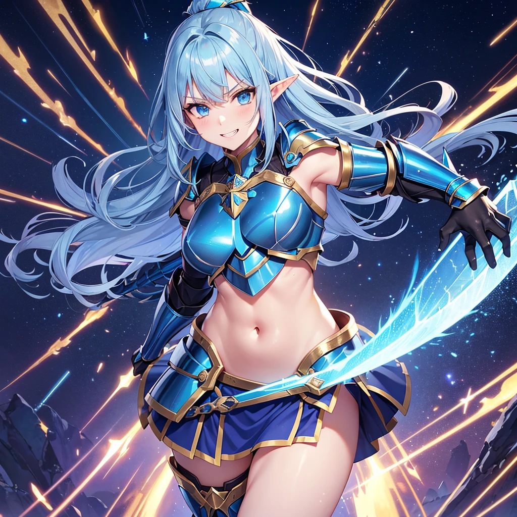 Super detailed anime, masterpiece, best quality, 1 beautiful female knight girl wearing skimpy armor, blue bikini armor, (Navel armor:1.5), ( super low-rise metallic armor slit micro miniskirt:1.5), microminiskirt made of thin iron plates,(super low-rise:1.5), Hiphugger,no bra, (no panties:1.6), nipples made of thin blue iron, nipplecover made of thin blue iron, cleavage, (underboobs:1.4), sideboobs, blue shoulder armor, revealing clothes, blue metallic armor headwear, large breasts, blue long hair, bangs, thighs, (pussy:1.2), NSFW,big boobs slutty, midrif, smile, holding and swing a magic sword