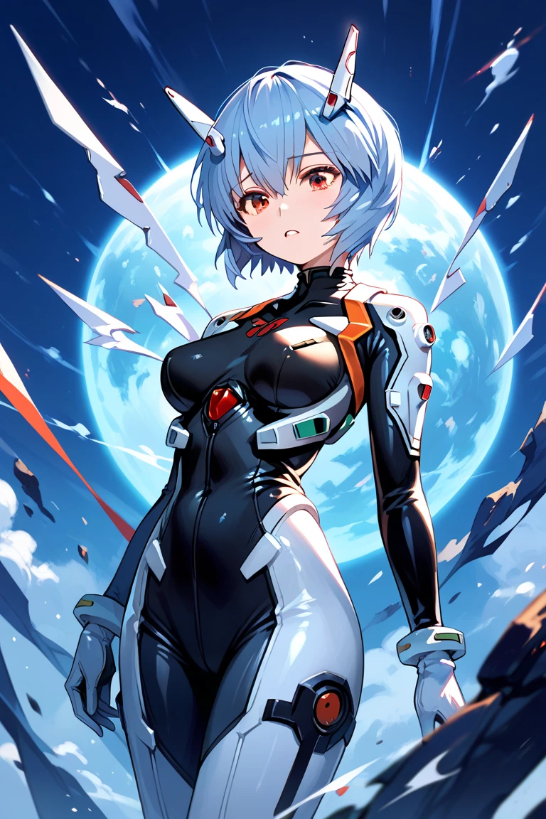 masterpiece, best quality, rei ayanami, ayanami rei, blue hair, short hair, red eyes,, bodysuit, headgear, plugsuit, black bodysuit, female, BREAK, score_9, score_8_up, score_7_up, score_6_up