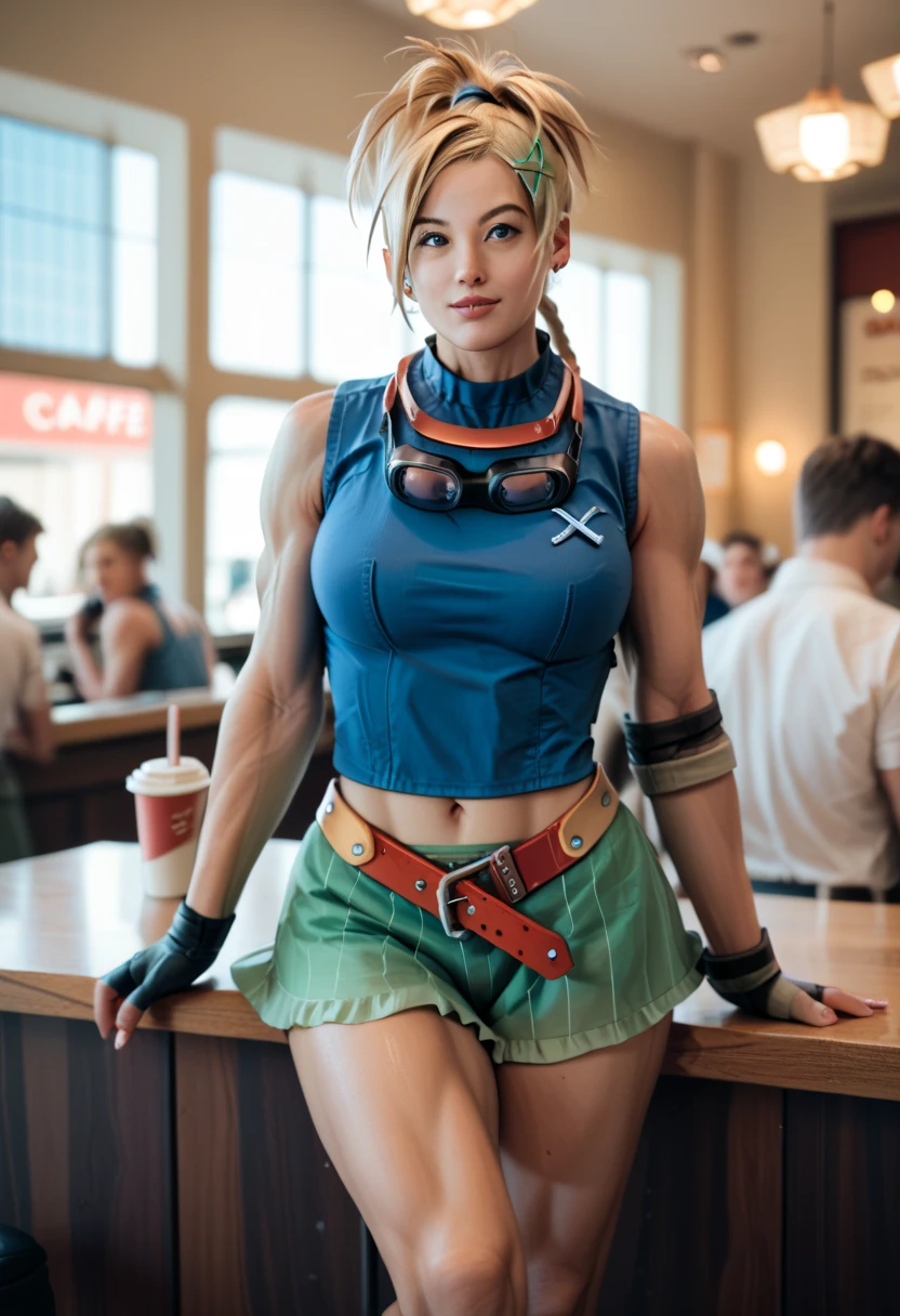 A 35mm photorealistic bokeh shot of RikkuX, x hair ornament, goggles around neck, fingerless gloves, midriff, navel, belt, boots, huge bodybuilder muscles, working at a café as a waitress, very friendly