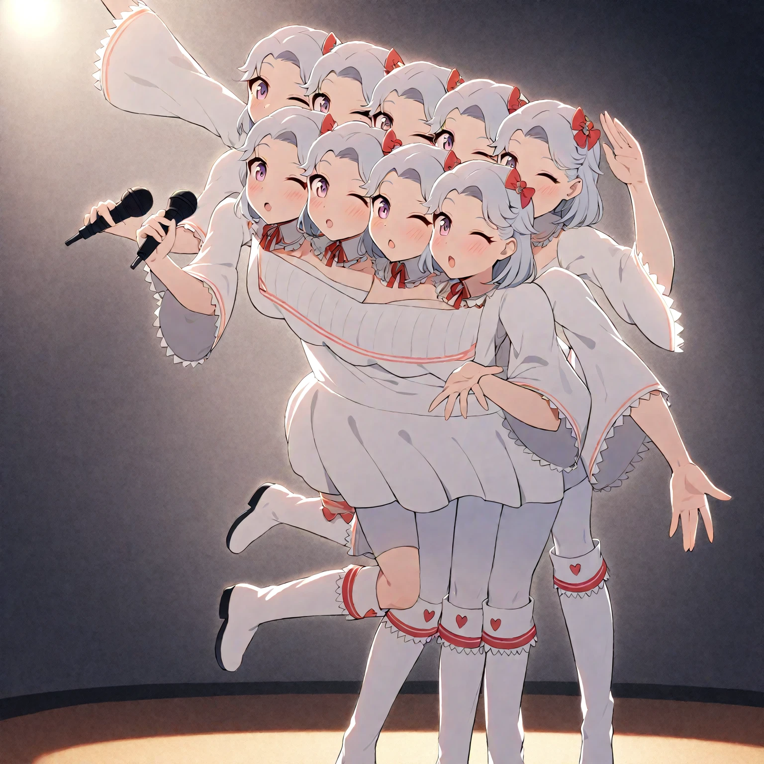 (masterpiece, best quality), best resolution, 16k, full body shot, perspective view, front lighting, (idol), idol clothes, idol dress, 1girl, solo, (two heads, three heads: 1.5), standing, dancing, holding microphone, wink, happy, open mouth, cute boots, ribbon on head, concert stage, spotlight, extremely high details, (anime style, old school style)