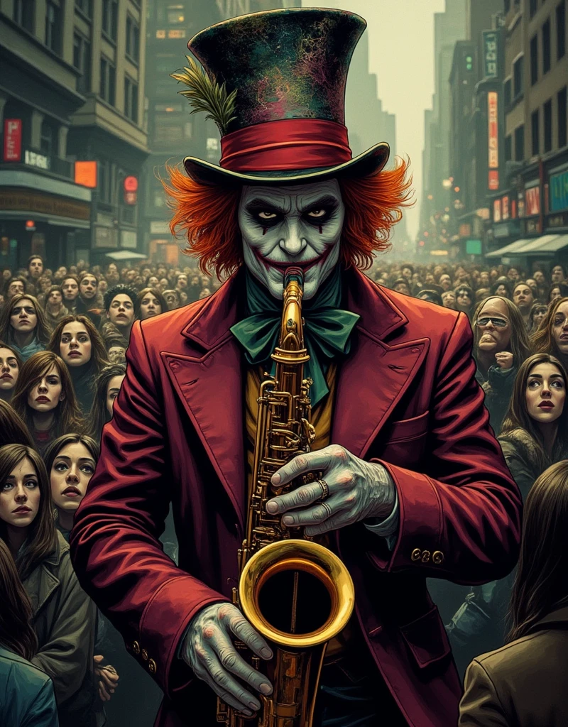 create a picture of The Mad Hatter, fierce sharp eyes, devious smirk, playing mind controlling saxophone in the middle of the bustling city, hipnotized plenty of people, realistic color comic illustration with strong influence of Don Lawrence style