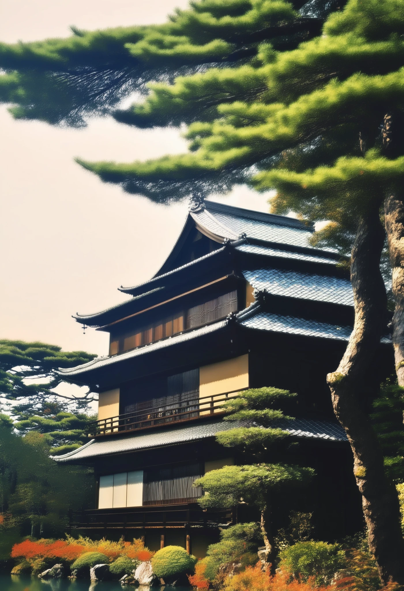 score_9, score_8_up, score_7_up, score_6_up, score_5_up, score_4_up, (masterpiece:1.2, best quality:1.2), very aesthetic, absurdres, source_anime, anime screencap, ((exterior, outside, ultra realistic exterior of traditional Japanese style house, ultra detailed exterior of old Japanese home, pine trees, Japanese guarded, roof tiles, ((dark exterior:1.5, dark night atmosphere:1.5, stars, moon)),