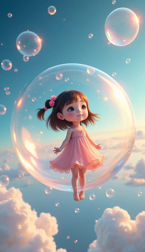  Extremely Realistic、 realistic、Magical bubbles, Sparkling Bubbles ,  Colorful Bubbles,  cute girl, (((Get in the bubble and fly through the sky 、fantasy))),  one girl who is at ease,  look at the surface of the earth in the bubble with a smile