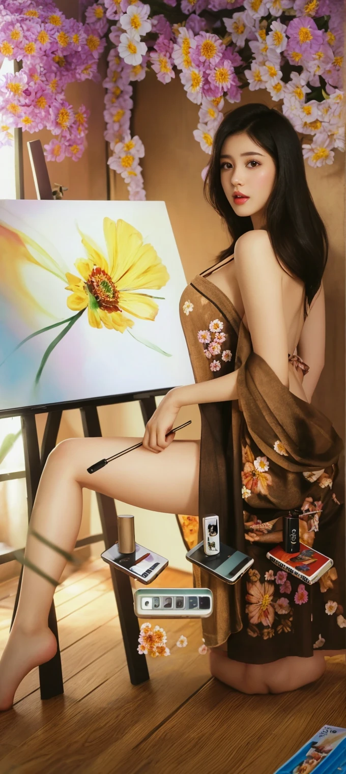 (masutepiece, of the highest quality, Best Quality, Official art, Beautiful and aesthetic: 1.2), (1 Flower), Upper body, Extremely detailed, (Fractal Art: 1.3), Colorful, best detailed,"Best Quality", "masutepiece,Sakimi-chan style art,Million Yen Smile,, Legs open, view of pubic hair, 1 Transparent forest clothes,Exposed breasts, open transparent t-shirt ,tattoos of mandala and flowers, best qualtiy,Black hair fused with platinum and gold, Nude Girl, Beautiful visible pubic area, Pink Pesong, big breast view, Garden water pond, naked mandala and flower tattoo, Floating Old Clock, apples, lantern,skin wet with water,NSFW