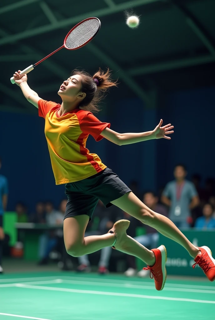 Chinese women's badminton,Red outfit,Beautiful facial features,White skin,full-body shot,Panoramic vistas,Wide-angle lens,Serve,Catch the ball,Jump Smash,Intense stimulation,Olympic Games Finals Background