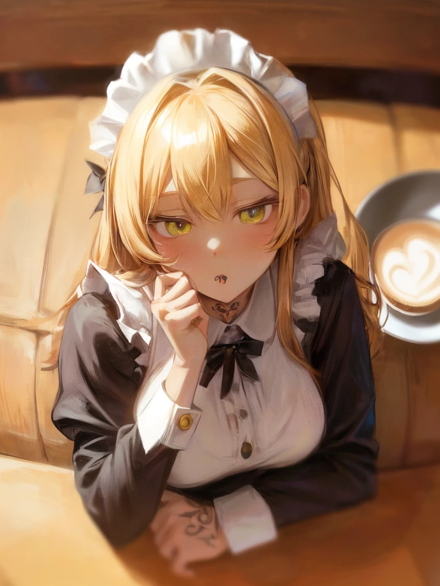 (masterpiece, highest quality:1.2), 1 girl, , ((She's wearing a Maid uniform)),   ((Coffee shop)) ,  (lots of drool), The body shakes violently, ((Hasselblad Photos)), [:(detailed face:1.2):0.2],(Cute tattoo),  aroused , Big breasts , (creating cat Latte Art) , ((challenge theme: cat Latte Art)), from above