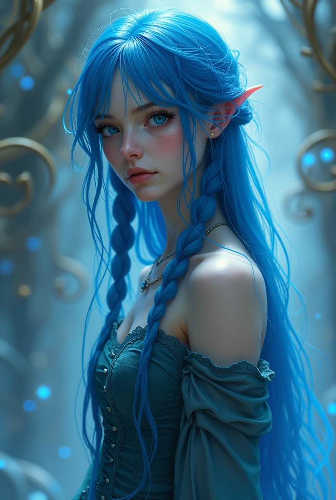 Highest quality, Learning, Detailed Hair, High resolution, (((itch))) ,necklace, hair ornaments, (Beautiful Face), Blue clothes, View your viewers, Blue Hair, Are standing, (Above the waist),Medusa