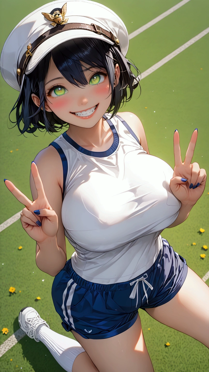 ((())),(((  is short)))、((( 体型 )))、(((  black hair)))、(((  shorthair)))、((( had)))、(((White gym clotheS)))、((( navy blue bloomerS)))、((((White Hat)))、(((Smile)))、(((Green,White teeth)))、(((Roll your eyes))),((( ahehe)))、(((  look up  )))、(((V Sign)))、((( SportS FieldS)))、「 beSt quality、maSterpiece、  PleaSe generate an illuStration that iS not a face 、  very delicate and beautiful 、  Very detailed、CG、8k wallpaper、 wonderful、  sex 、maSterpiece、最高の究極の芸術  Very detailed CG Unity 8k wallpaper」、(Gigantic Huge BreaSt)、(Clear NippleS )