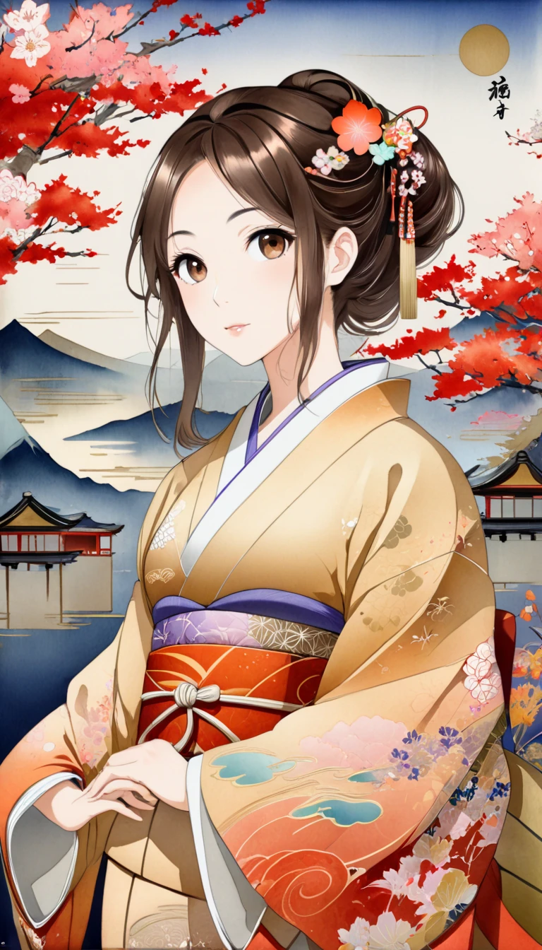 (masterpiece,  high definition , High image quality, 8k,  best quality), Pencil drawing, Ukiyo-e, Japanese painting,  Watercolor and Oil Paintings Fusion ,  cool beauty,  beautiful brown eyes , Shiny, silky, tousled hair,  adorable cute expression ,  perfect proportions , Mid-chest, Wearing a colorful Japanese kimono, Scenery images and effects from those times, Classical art, Iris Effect,  graphic CG digital art ,  