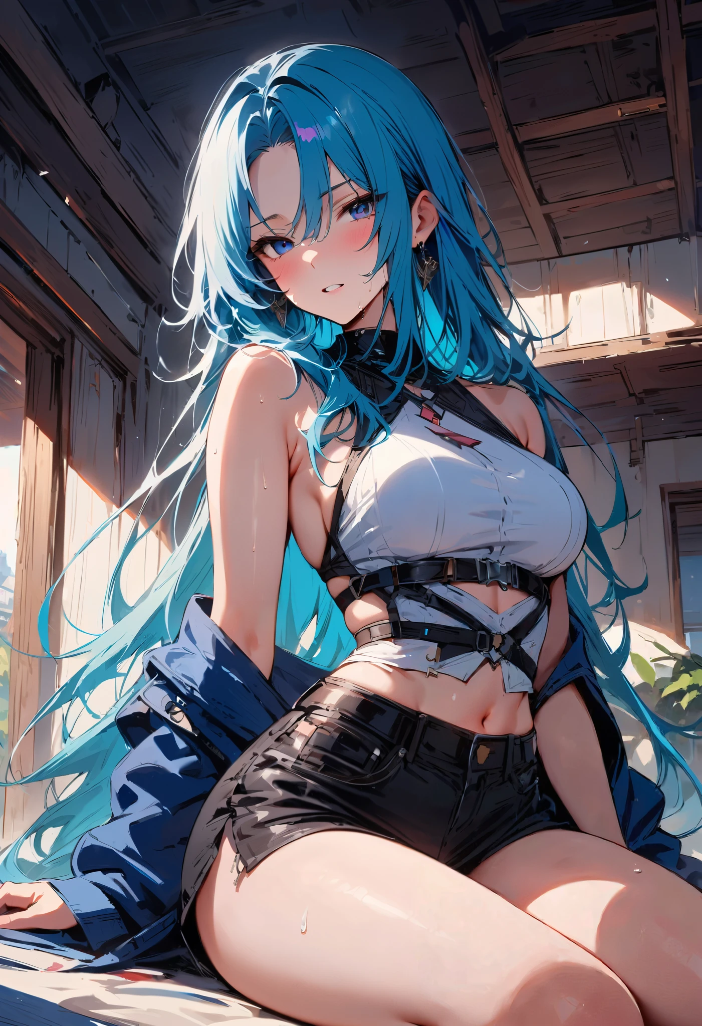 Hot woman, blue hair, orange eyes, black school clothes, mini skirt, belly button piercing