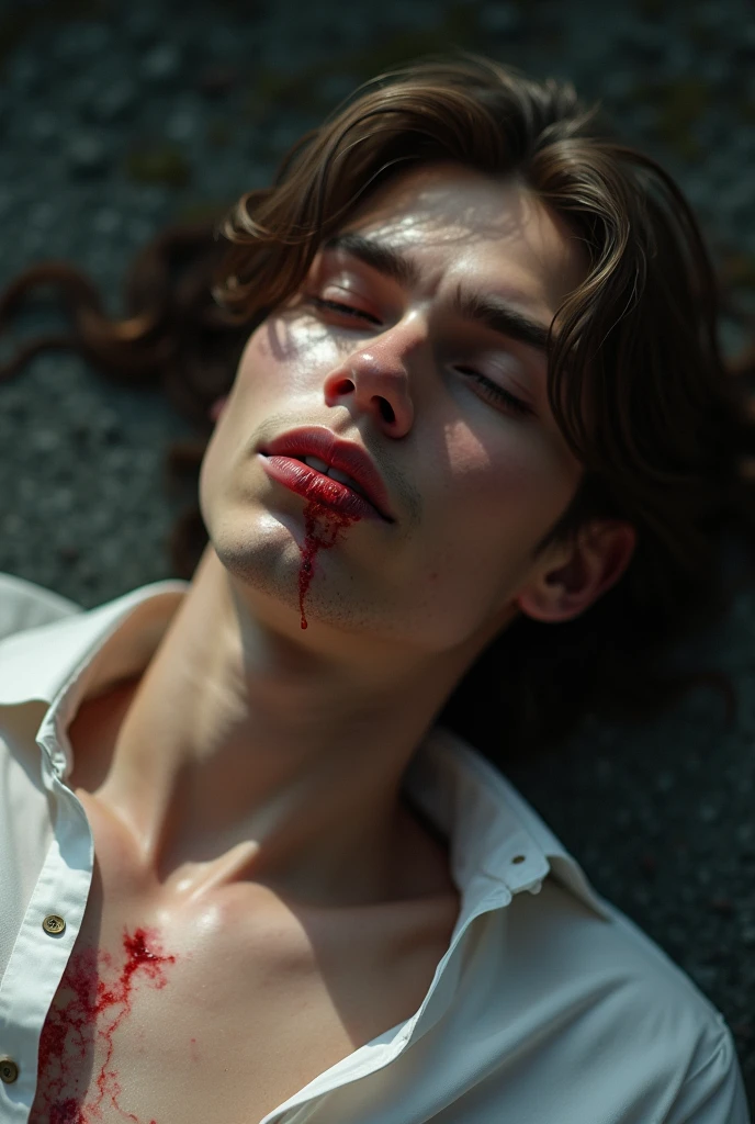 A dead boy with cloths on lying on garden half rotten body but his eyes are as it is and looking at his lovers photo and crow eating his body generate it in more realistic painting way in side view