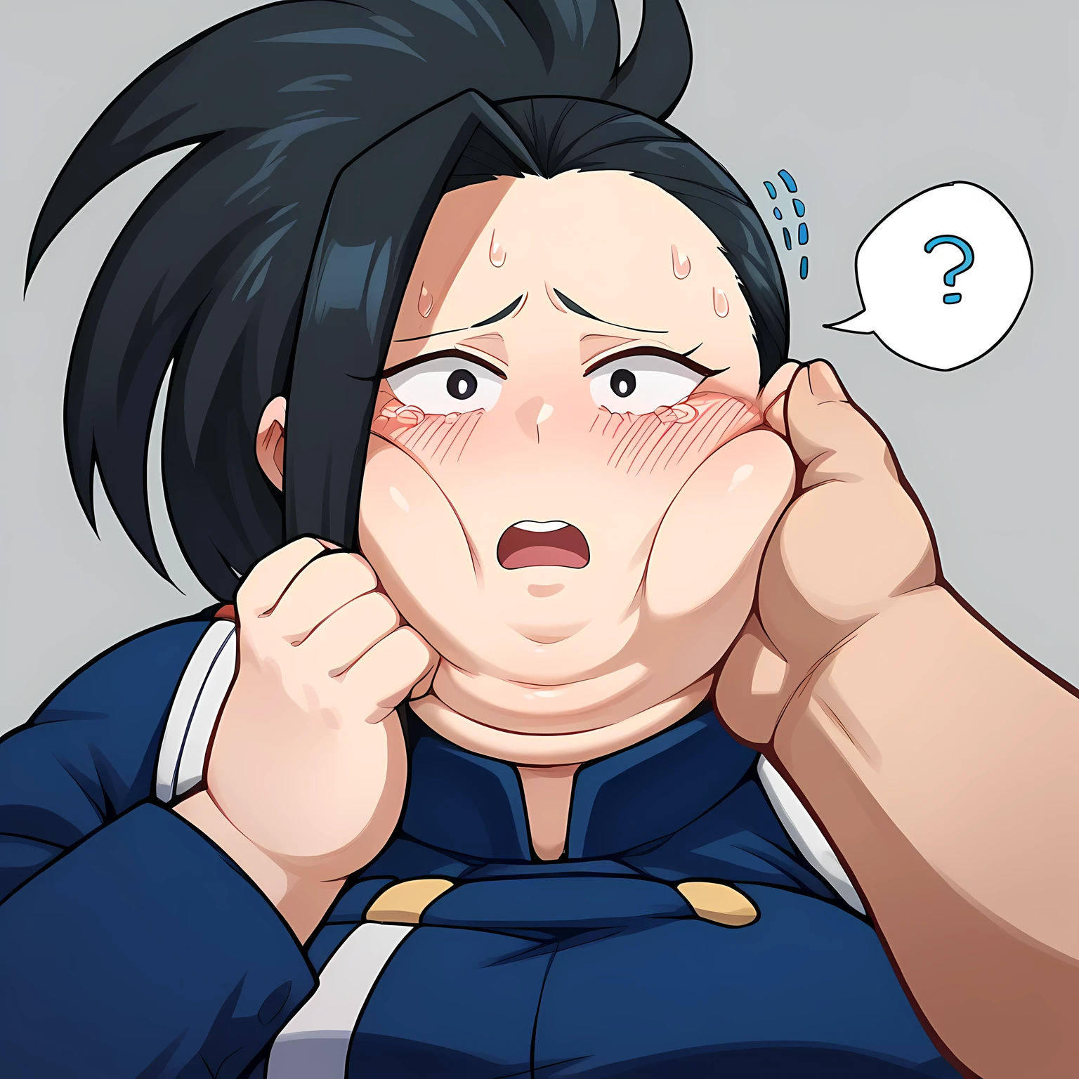  score_9,  score_8_up,  score_7_up,  source_Anime,
yaoyorozu momo ,  black hair,    gray background ,  black eyes,  long pony tail hair on the side of the uniform,  ,1girl,, absurdres,  highres icon, rating:General, confused, blush, spoken question mark, {flustered}, nervous sweating, portrait, pov hands, hand on another's cheek, averting eyes, [looking away], straight-on,  fat, chubby, obese, large breasts open mouth, out of breath, swollen face, double chin, upper body, 
