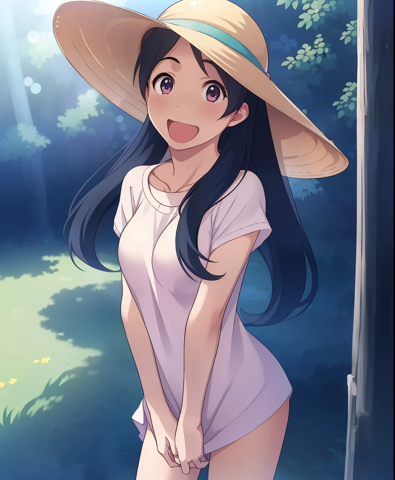 1 girl, alone,  brown eyes, black hair, long hair,half up、 (white dress:1.4),Sunflower field, Sunflower fieldの前に立つ、blue sky、very big breasts、expose one&#39;s chest、Bare your breasts、nipples are transparent、blush、embarrassing、scared face、in trouble、smile、A lot of milk comes out of the nipples、Breast milk squirts out of the nipples、very short skirt、micro mini skirt、The shape of a woman&#39;s private parts is clearly visible、vibrator in thighhighs、No panties、Straw hat