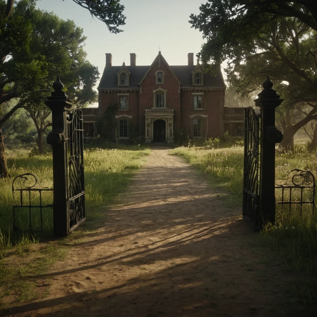 cinematic film still of cinematic film still of  big  Manor 1900’s house  building gate at the end of pathway, trees and pathway leading towards house  tress surroundings it outdoors,sky,cloud,tree,grass,ground,wildflowers, wildlife, vehicle,building,scenery,motor vehicle,car,house,bicycle , epic, Western, adventures, outlaw, Red Dead, Western United States, wild west,  Open world, 1900's, realistic, cinematic, film look, dramatic light, partially covered in shadows, gang, Western-themed action-adventure, Red Dead Redemption style, shallow depth of field, vignette, highly detailed, high budget, bokeh, cinemascope, moody, epic, gorgeous, film grain, grainy