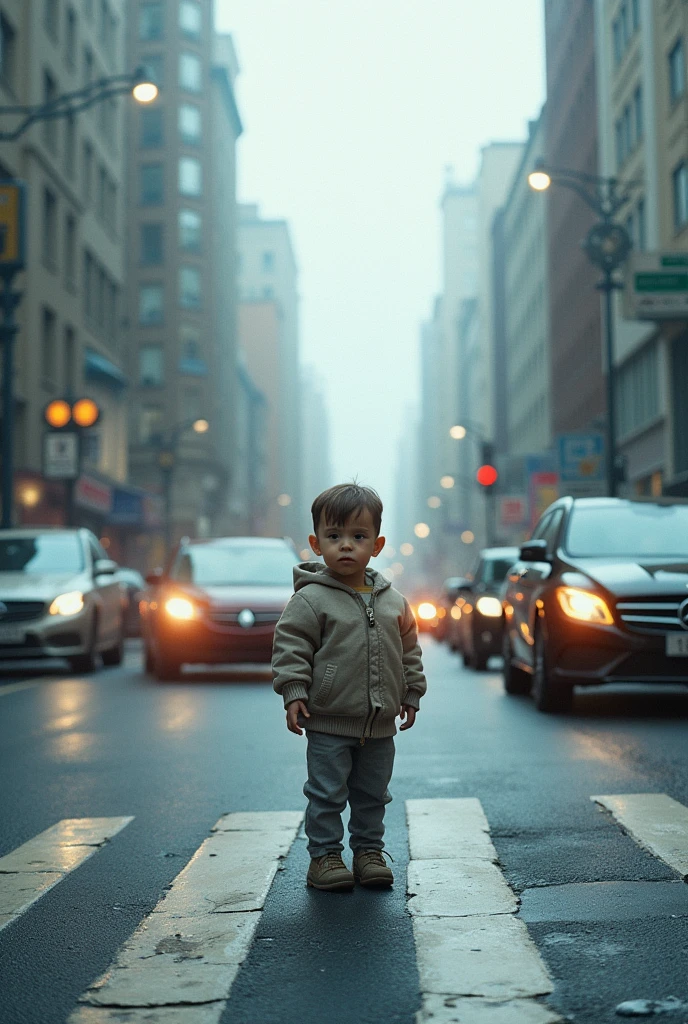 A boy is crossing the road, vehicles are moving, sad mood, dark