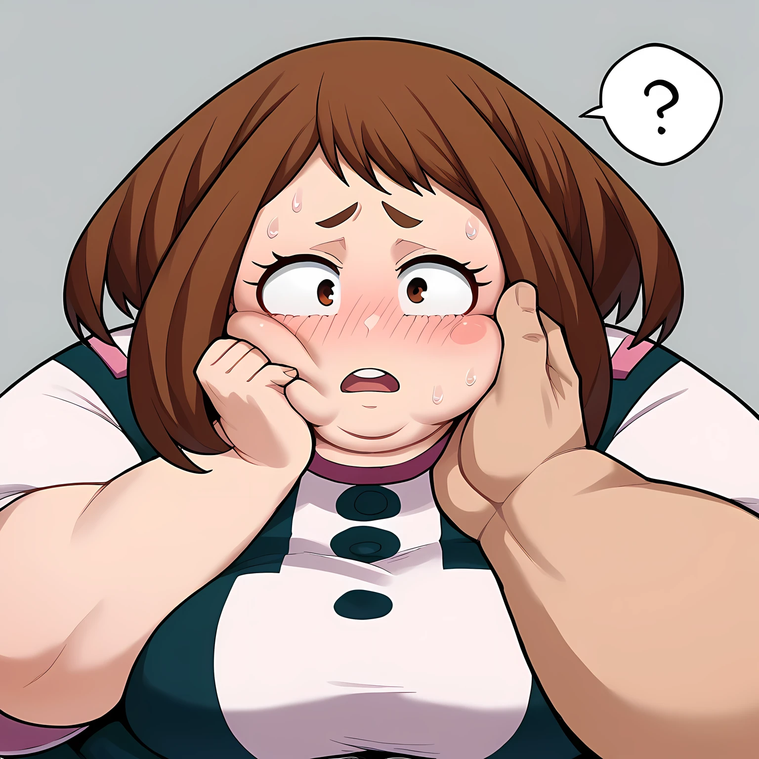  score_9,  score_8_up,  score_7_up,  source_Anime,
Ochako Uraraka, ,  brown hair,    gray background ,  brown eyes,  short hair on the side of the uniform,  brown hair,1girl,, absurdres,  highres icon, rating:General, confused, blush, spoken question mark, {flustered}, nervous sweating, portrait, pov hands, hand on another's cheek, averting eyes, [looking away], straight-on,  fat, chubby, obese, gigantic arms and legs, large breasts open mouth, out of breath, swollen face, double chin
