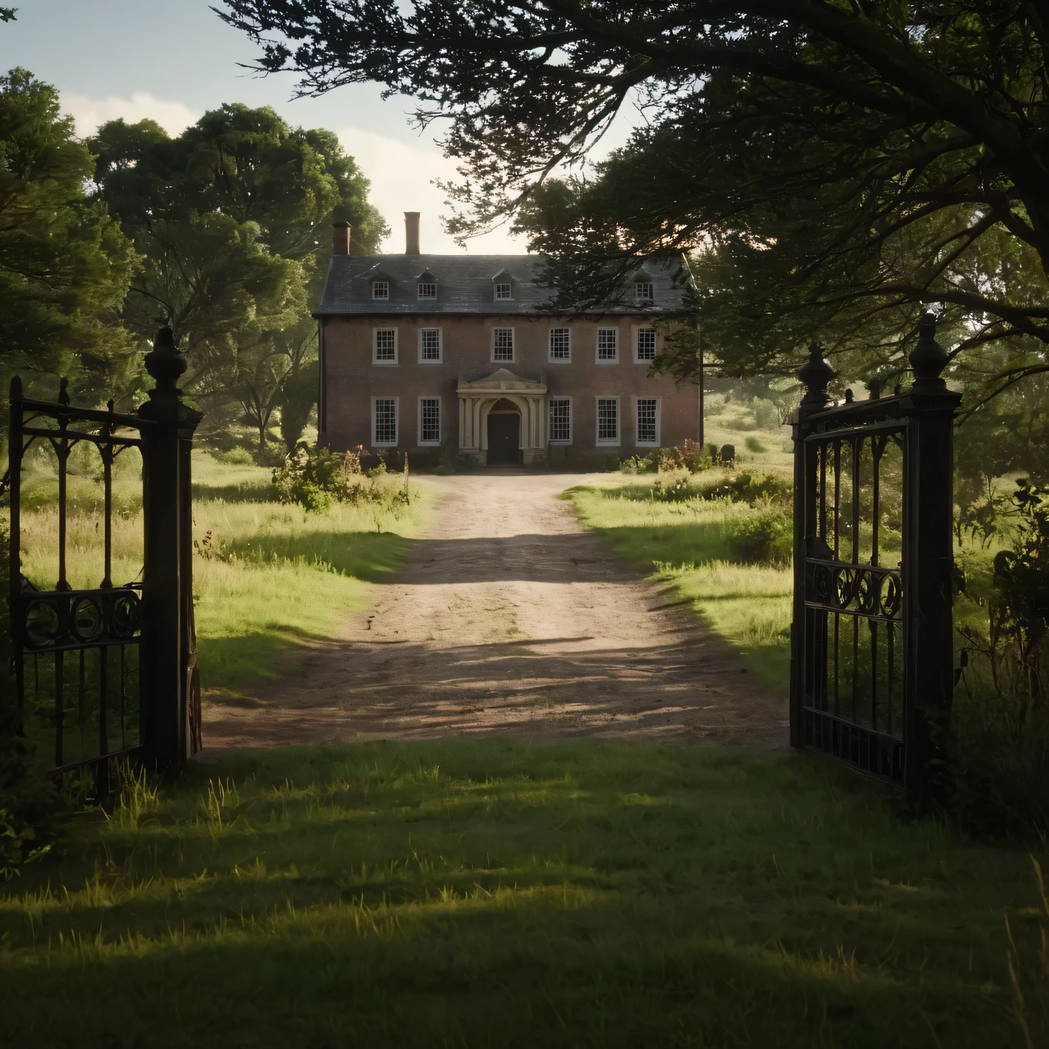 cinematic film still of cinematic film still of  Braithwaite Manor 1900’s building gate at the end of pathway, trees and pathway leading towards house  tress surroundings it outdoors,sky,cloud,tree,grass,ground,wildflowers, wildlife, vehicle,building,scenery,motor vehicle,car,house,bicycle , epic, Western, adventures, outlaw, Red Dead, Western United States, wild west,  Open world, 1900's, realistic, cinematic, film look, dramatic light, partially covered in shadows, gang, Western-themed action-adventure, Red Dead Redemption style, shallow depth of field, vignette, highly detailed, high budget, bokeh, cinemascope, moody, epic, gorgeous, film grain, grainy