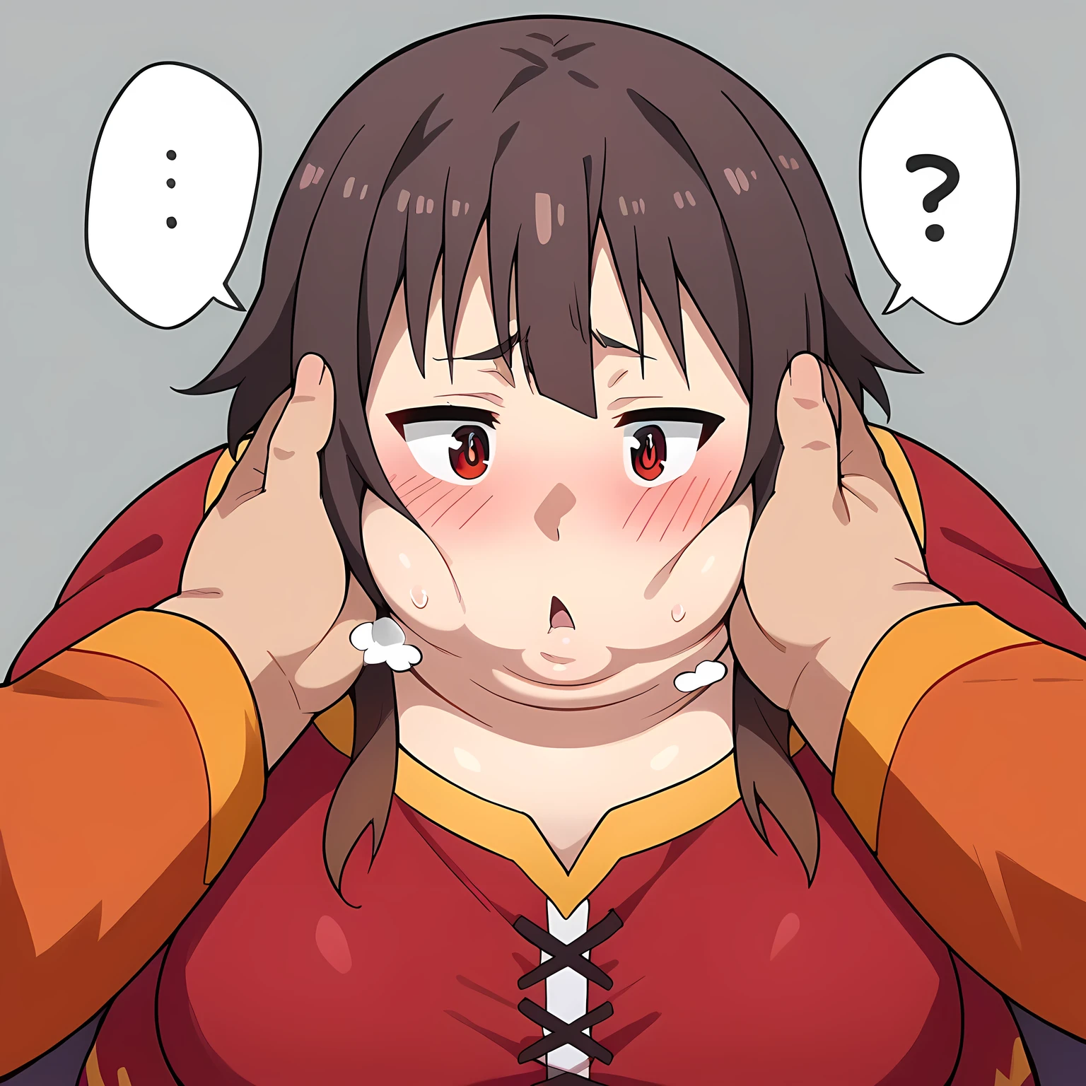  score_9,  score_8_up,  score_7_up,  source_Anime,
Megumin ,  brown hair,    gray background ,  red eyes,  lon hair on the side of the uniform,  ,1girl,, absurdres,  highres icon, rating:General, confused, blush, spoken question mark, {flustered}, nervous sweating, portrait, pov hands, hand on another's cheek, averting eyes, [looking away], straight-on,  fat, chubby, obese, large breasts open mouth, out of breath, double chin, upper body, swollen face
