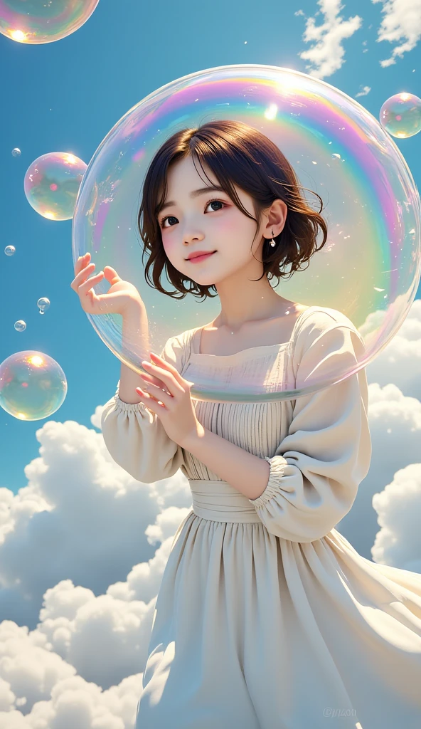  Extremely Realistic、 realistic、Magical bubbles, Sparkling Bubbles ,  Colorful Bubbles,  cute woman, (((Get in the bubble and fly through the sky 、fantasy))),  one woman,  look at the surface of the earth in the bubble with a smile