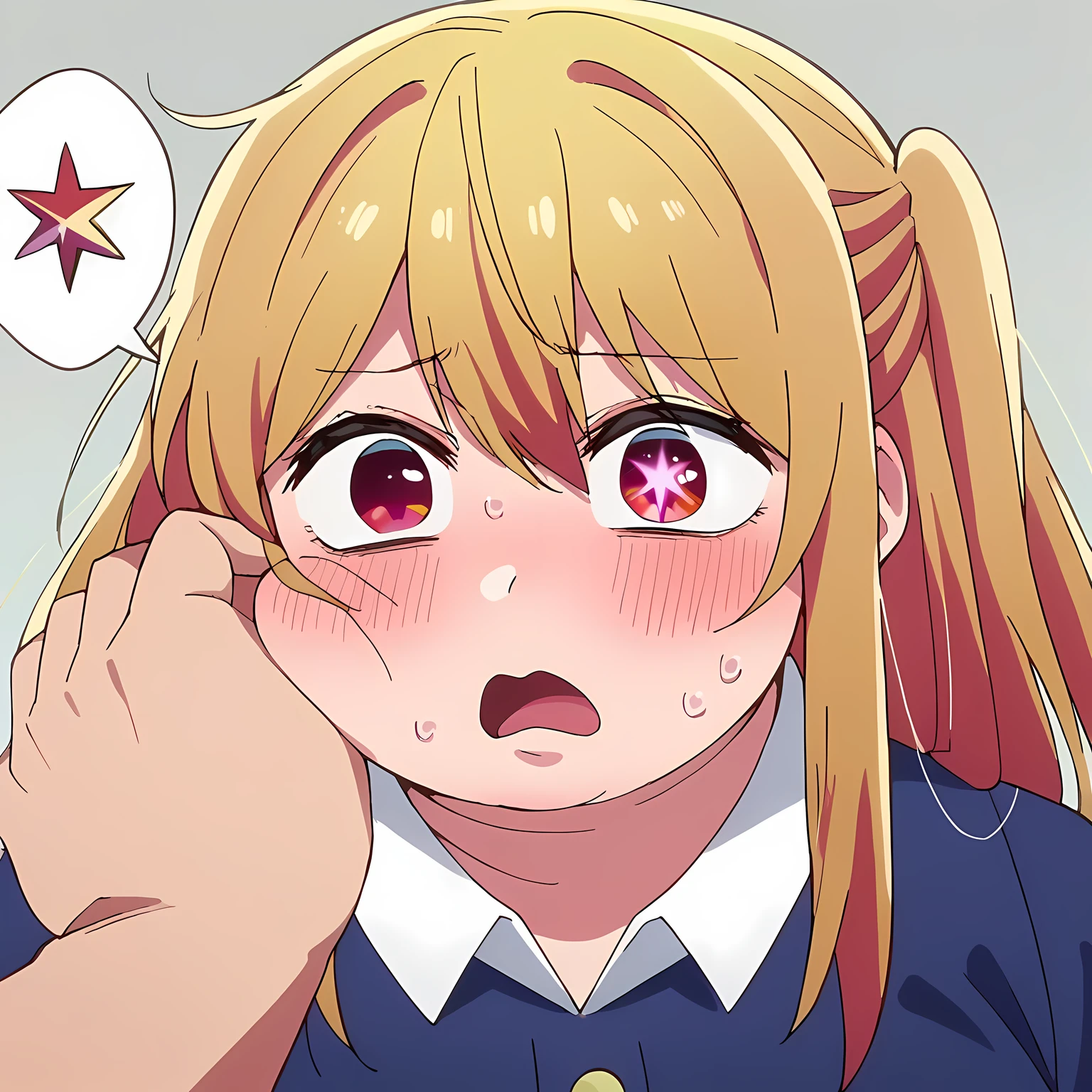  score_9,  score_8_up,  score_7_up,  source_Anime,
Rubi hosino, ,  red star eyes, blond hair, gray background ,long hair on the side of the uniform,  ,1girl,, absurdres,  highres icon, rating:General, confused, blush, spoken question mark, {flustered}, nervous sweating, portrait, pov hands, hand on another's cheek, averting eyes, [looking away], straight-on,  fat, chubby, obese, large breasts open mouth, out of breath,  upper body, swollen face,
