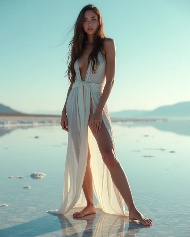 A woman in transparent clothing on a beach