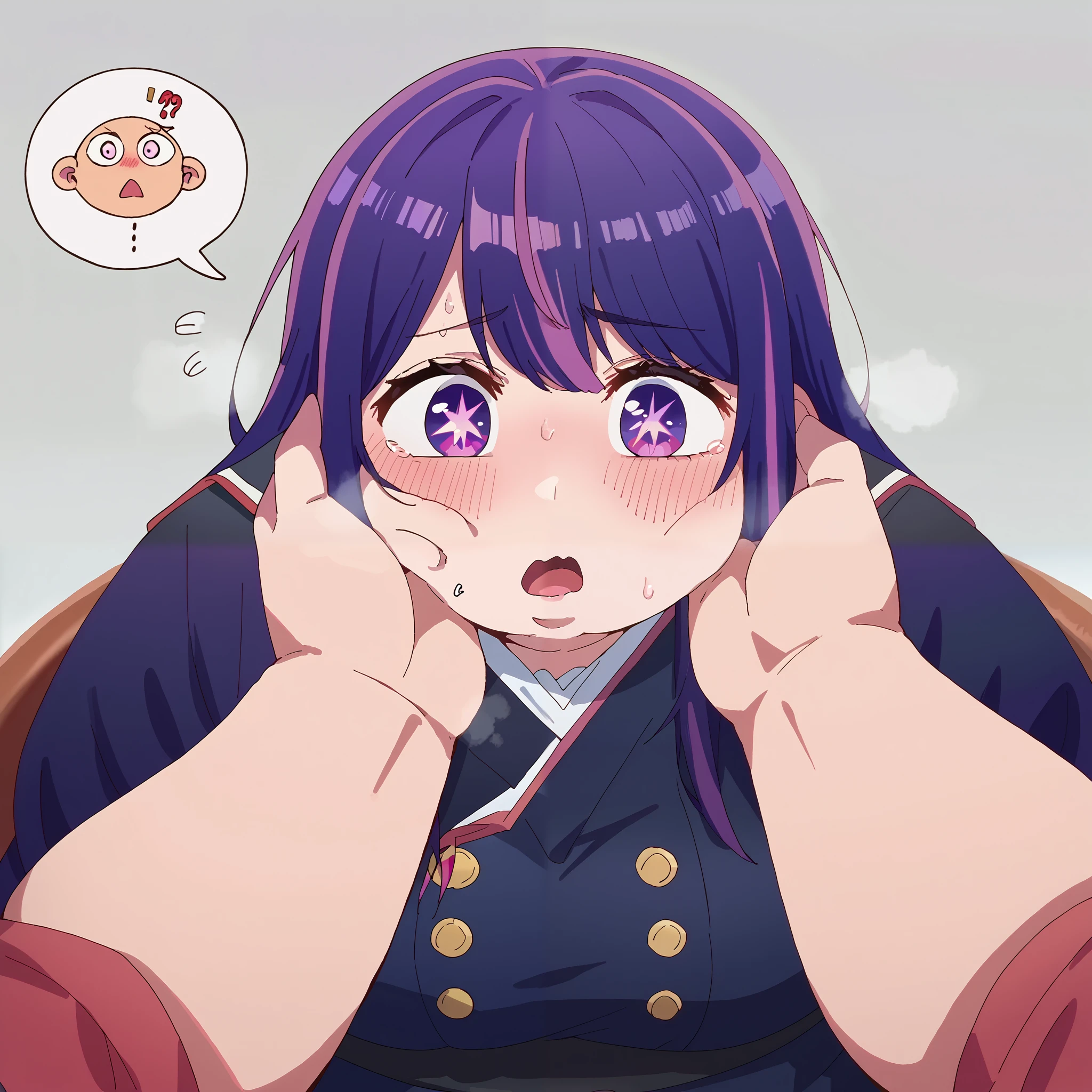  score_9,  score_8_up,  score_7_up,  source_Anime,
Ai hosino, ,  purple star eyes, purple hair, ,     gray background ,long hair on the side of the uniform,  ,1girl,, absurdres,  highres icon, rating:General, confused, blush, spoken question mark, {flustered}, nervous sweating, portrait, pov hands, hand on another's cheek, averting eyes, [looking away], straight-on,  fat, chubby, obese, large breasts open mouth, out of breath,  upper body, swollen face,
