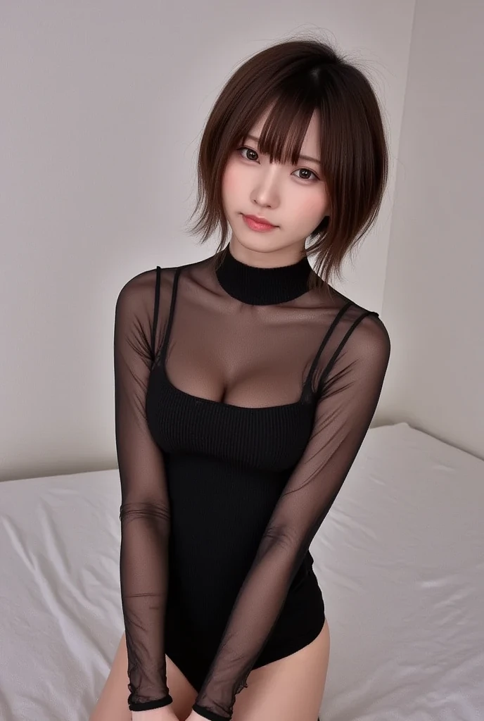 8k, RAW Photo, Best Quality, Masterpiece:1.2),(Realistic, photo-realistic:1.37), Super Detail, She is wearing tight thin fitting transparent black long sleeve turtleneck , no pants, transparent black pantyhose, cinematic lighting, ecstacy face, monotone background, facing front, smile, dressed up to the belly button, dressed up to the neck,standing straight
