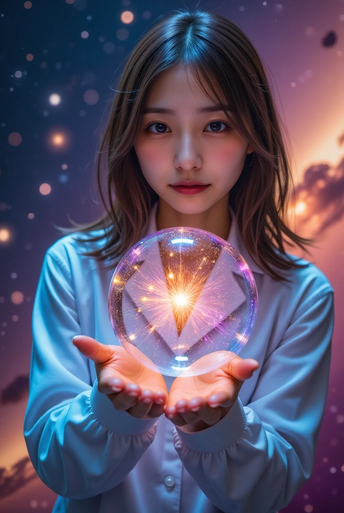 A young female scientist with long hair, holding a colorful 3D hologram sphere in her palm, dynamic and beautiful, surrounded by a fantastical space background filled with stars and galaxies, showcasing advanced technology and a sense of wonder, vibrant colors.