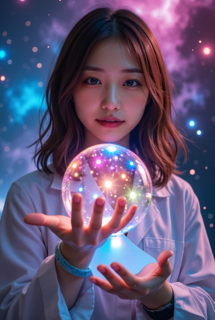 A young female scientist with long hair, holding a colorful 3D hologram sphere in her palm, dynamic and beautiful, surrounded by a fantastical space background filled with stars and galaxies, showcasing advanced technology and a sense of wonder, vibrant colors.