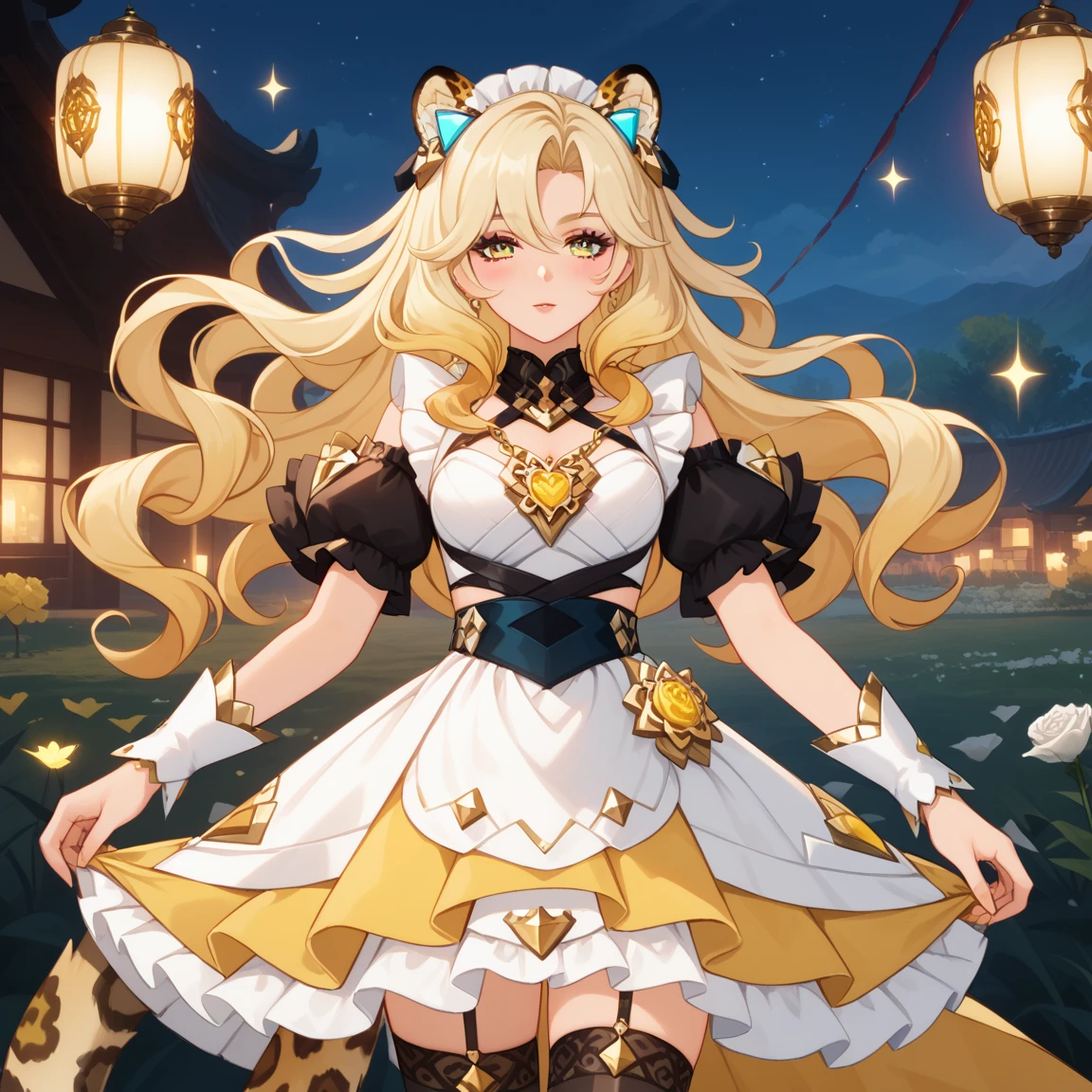 1girl, dress, jewelry, blonde hair, flowing hair, long hair, solo, white roses, jaguar ears, jaguar tail, firefly, long flowing hair, floating hair, ornament hair, Looking at the viewer, flowing hair, magical girl, Beautiful Eyes, maid, maid dress, maid headdress, white headdress, maid apron, white apron, dress with too many frills, white dress, yellow laces, white Short skirt, skirt with layers, small skirt, skirt with layers, Drape clothes, yellow gem, Lace trim, lux garden, luxury gold details, gold jewelry, more details, best quality, blushing, Striped Lace Stockings, short skirt, sparkle, solo, centered girl, cowboy shot, glowing hair, white roses, magical girl, sparkles, more details on her clothes, dress with transparency, golden details on her dress, night, oriental lanterns