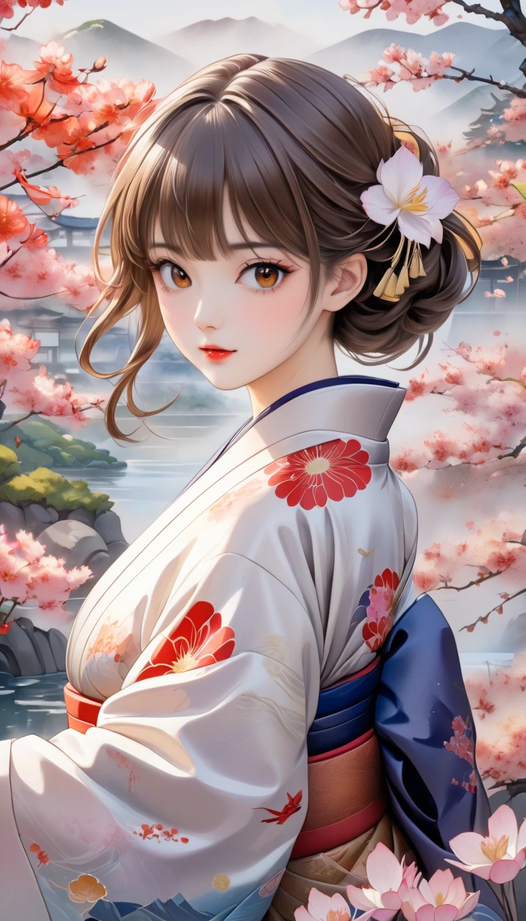 (masterpiece,  high definition , High image quality, 8k,  best quality), Pencil drawing, Ukiyo-e, Japanese painting,  Watercolor and Oil Paintings Fusion ,  cool beauty,  beautiful brown eyes , Shiny, silky, tousled hair,  adorable cute expression ,  perfect proportions , Mid-chest, Wearing a colorful Japanese kimono, Cranes are flying, Scenery images and effects from those times, Classical art, Iris Effect,  graphic CG digital art ,  