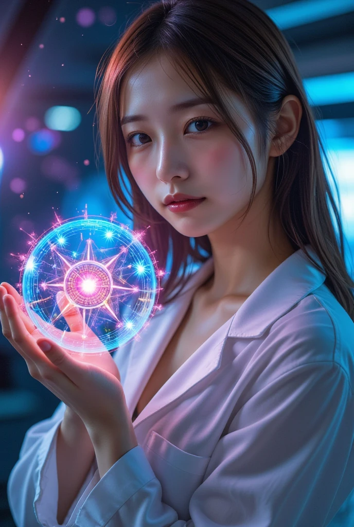 A young female scientist with long hair, holding a colorful 3D hologram sphere in her palm, dynamic and beautiful, surrounded by a fantastical space background filled with stars and galaxies, showcasing advanced technology and a sense of wonder, vibrant colors.