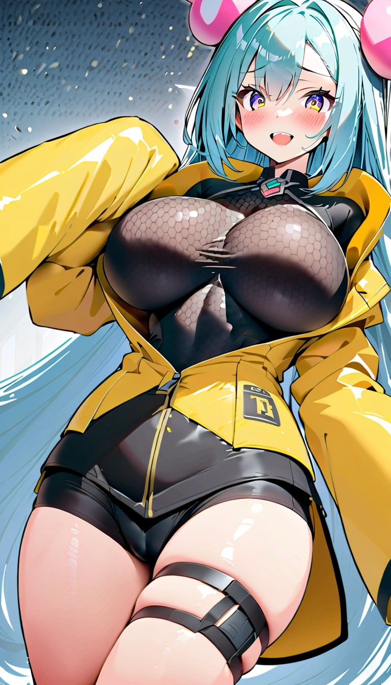 masterpiece,  best quality,  high definition ,  1 girl , ION 1, Long Hair,  yellow jacket,  Long Sleeve ,  hair ornament,Big Breasts,pubic hair